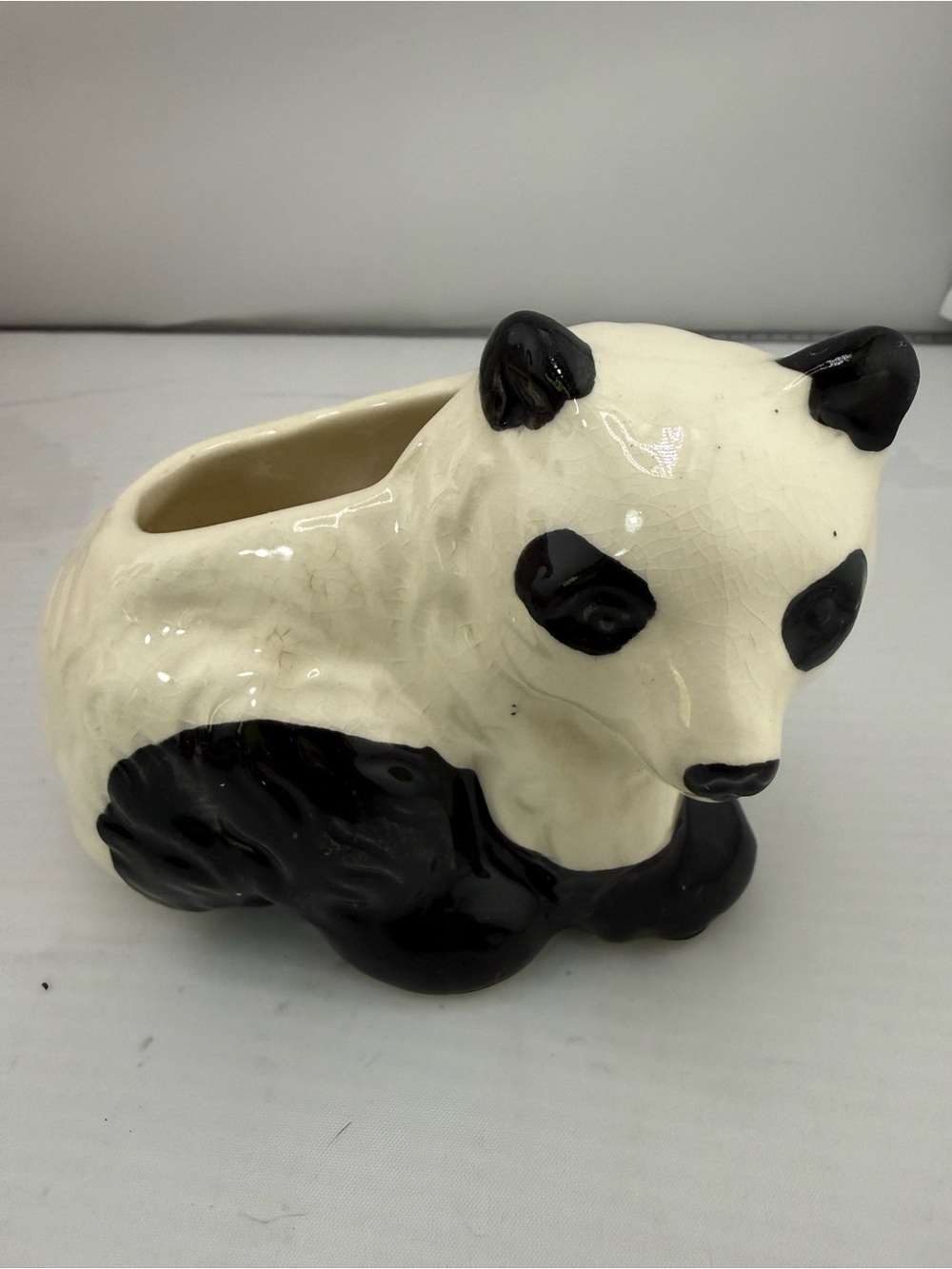Vintage Ceramic Panda Planter - Black and White Home Art